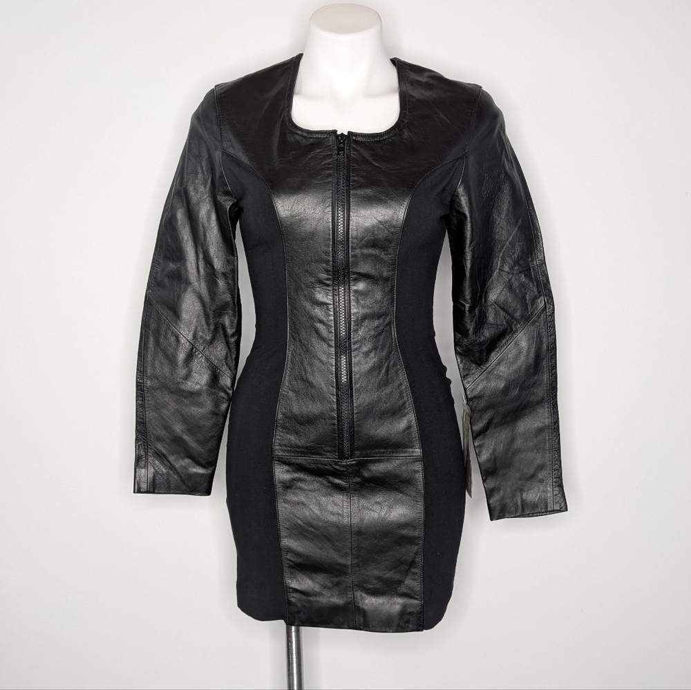 NWT Vintage Verducci Black Leather Panel Long Sleeve Zip Up Mini Dress S